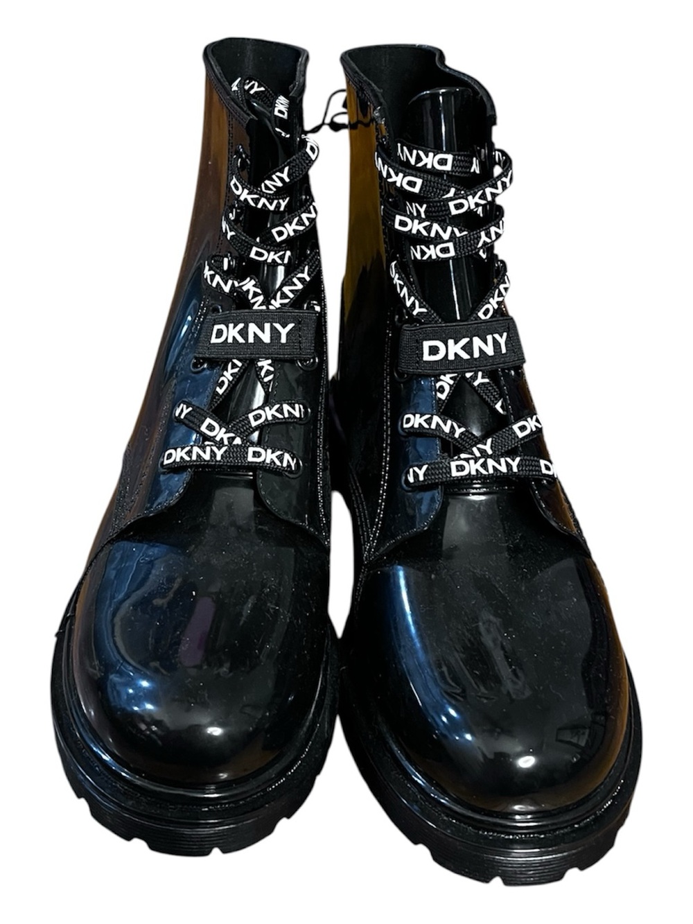 DKNY TILLY GLOSSY BLACK LACE UP RAIN COMBAT STYLE BOOT SIZE 11
